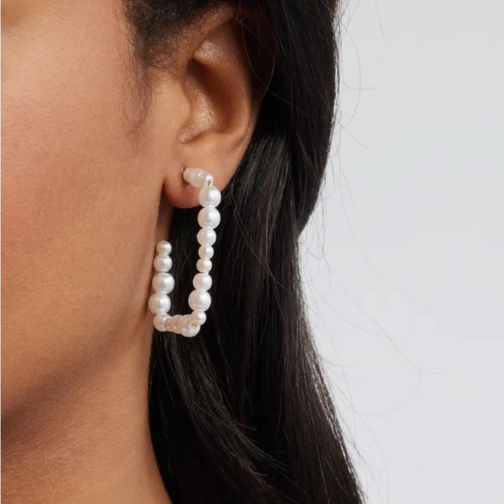 Open Edit Pearl Rectangle Hoop Earrings Elegant Pearl Hoop Earrings - Picture 2 of 2